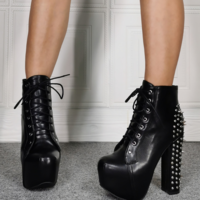 Sexy Black Rivet Thick Heel Waterproof Platform Super High Heel Plus Size 43 Female Fashion Short Boots G3425 - Thumbnail 5