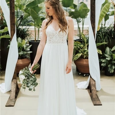 Elegant a-line v neck open back white chiffon beach wedding dresses with appliques - Thumbnail 2