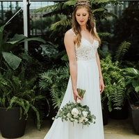 Elegant A-Line V Neck Open Back White Chiffon Beach Wedding Dresses with Appliques - Thumbnail 1