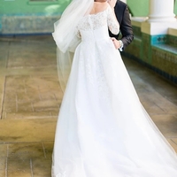 Off-shoulder Long Sleeves Lace Tulle Wedding Dresses With Train - Thumbnail 1