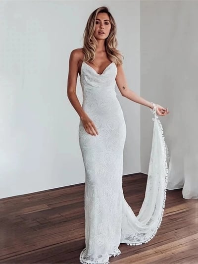 Sheath Cowl Neck Lace Wedding Dresses With Train