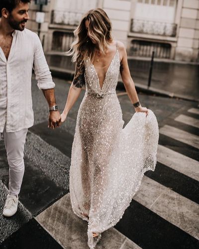 Sparkly Gorgeous A Line V Neck Sequins Wedding Dresses