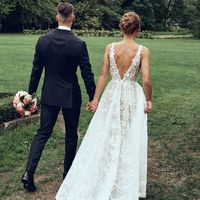 Gorgeous A Line V Neck Open Back Lace Wedding Dresses with Train - Thumbnail 1