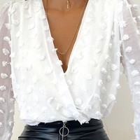 Women's White V-Neck Long Sleeve Shirt - Thumbnail 1