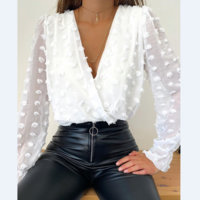 Women's White V-Neck Long Sleeve Shirt - Thumbnail 2