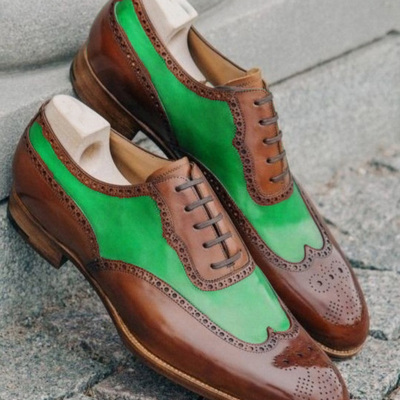 Handmade men's brown & green wing tip lace up shoes, men's leather shoes - Thumbnail 4