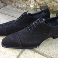 Handmade Black Cap toe Suede Lace up shoes for men's - Thumbnail 1