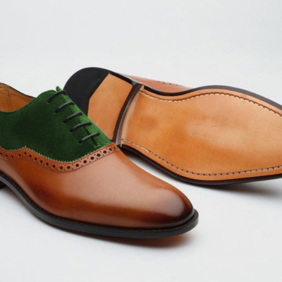 Handmade men brown green suede leather oxford lace up shoes - Thumbnail 2