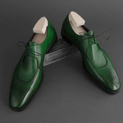 Handmade men green leather chukka lace up shoes - Thumbnail 1