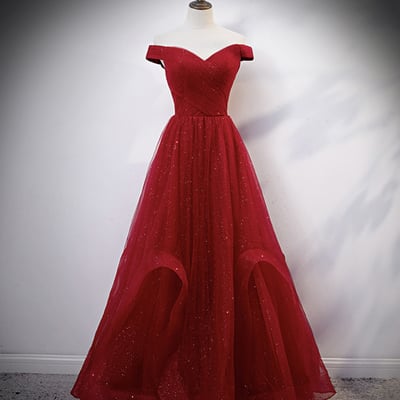 Burgundy tulle long prom dress evening dress - Thumbnail 4