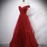 Burgundy tulle long prom dress evening dress - Thumbnail 2
