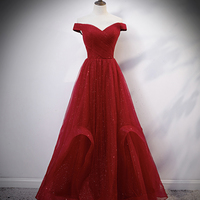 Burgundy tulle long prom dress evening dress - Thumbnail 4