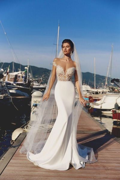 Sexy Mermaid Round Neck Cap Sleeves White Satin Lace Wedding Dresses