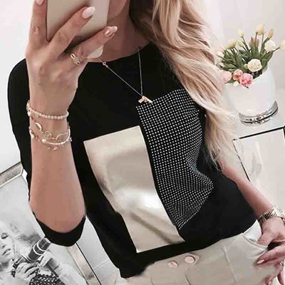 Casual Round Neck Long Sleeve Hot Drilling Tops