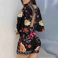 Sexy Printed Deep V-Neck Jumpsuit - Thumbnail 1