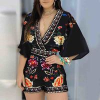 Sexy Printed Deep V-Neck Jumpsuit - Thumbnail 2