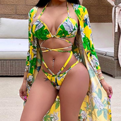 Printed long sleeves three-piece bikini swimsuit underwear