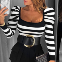 Long Sleeve Black And White Striped Puff Sleeve Shirt - Thumbnail 1