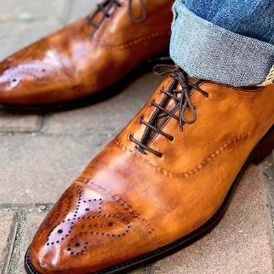 Decent handmade two tone cap toe brogue lace up party wear leather shoes
