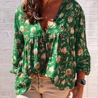 Women V-Neck Printing Long-Sleeved Shirt - Thumbnail 1