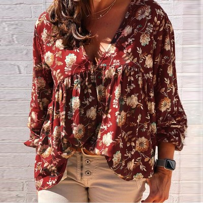 Women V-Neck Printing Long-Sleeved Shirt