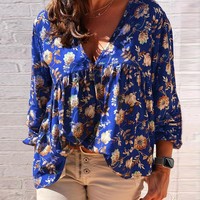 Women V-Neck Printing Long-Sleeved Shirt - Thumbnail 2