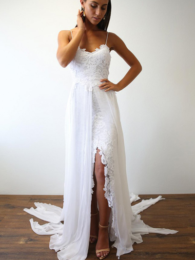 Beach A Line V Neck White Lace Wedding Dresses with Split