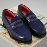 Handmade Men Slip On Suede and Leather Formal Shoes, Loafer Navy Blue Moccasins - Thumbnail 4