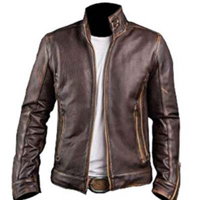 Men's distressed cafe racer biker style brown real goat leather jacket