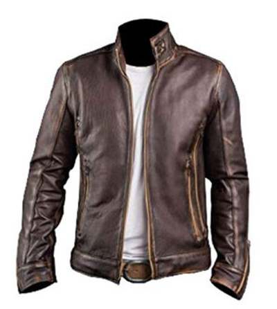 Men's Distressed Cafe Racer Biker Style Brown Real Goat Leather Jacket