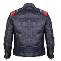 Vintage Cafe Racer Retro Motorcycle Distressed Biker Leather Jacket Red & White Stripes - Thumbnail 1