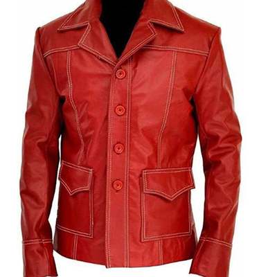 Men's red fight club movie lambskin leather jacket replica with 100% polyester lining - Thumbnail 2
