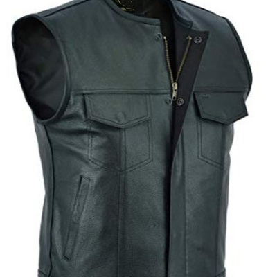 Men's collarless leather vest motorcycle biker club concealed carry outlaws