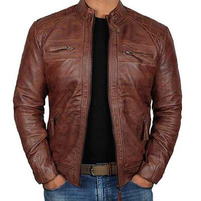 Biker racing motorcyle genuine lambskin distressed brown leather jackets for men's