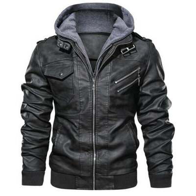 Men's biker motorcycle leather jacket hoodie slim fit hooded coat jackets gray - Thumbnail 2