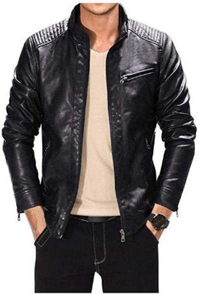 Vintage Slim Fit Motorcyle Lightweight Faux Leather Jacket for Men's Black