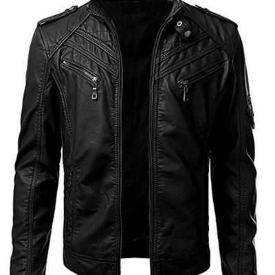 Retro mens biker vintage motorcycle slim fit racer genuine leather jacket black
