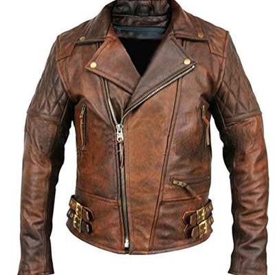 Mens biker motorcycle vintage distressed brown leather jacket high quality stitching