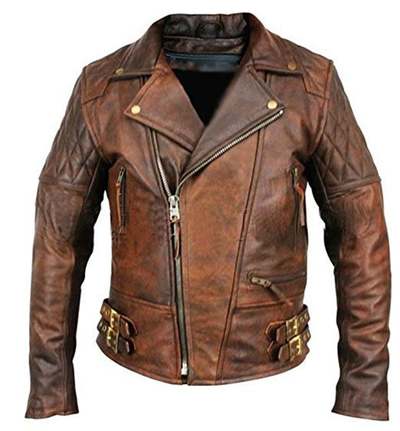 Mens Biker Motorcycle Vintage Distressed Brown Leather Jacket High quality Stitching