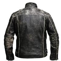 Black Cafe Racer Retro Biker Leather Jacket for Men Round Collar Zippers Pockets Zipper Closure - Thumbnail 1