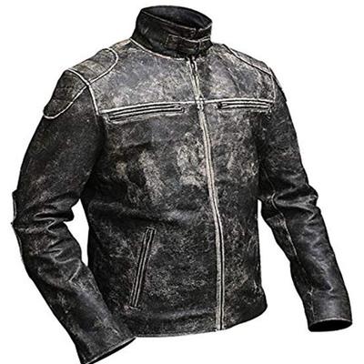 Black cafe racer retro biker leather jacket for men round collar zippers pockets zipper closure - Thumbnail 2