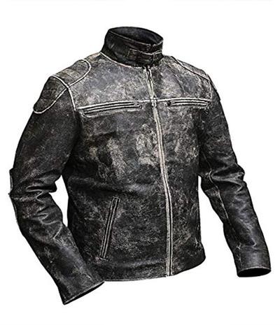 Black Cafe Racer Retro Biker Leather Jacket for Men Round Collar Zippers Pockets Zipper Closure