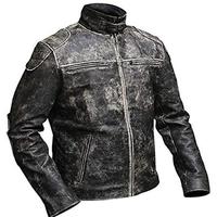 Black Cafe Racer Retro Biker Leather Jacket for Men Round Collar Zippers Pockets Zipper Closure - Thumbnail 4
