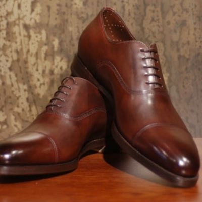 Decent dark brown handmade cap toe lace up office shoes,christmas leather shoes for men