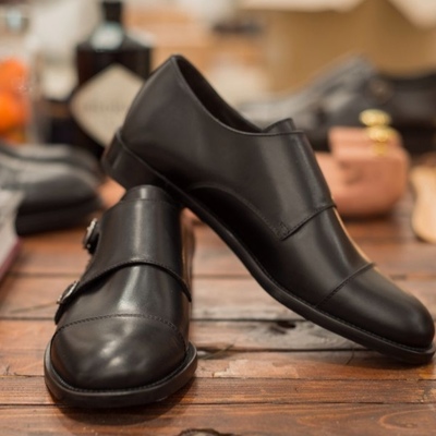 Best black handmade double monk strap cap toe leather party wear shoes - Thumbnail 5