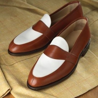Men handmade brown white leather slip ons spectator shoes