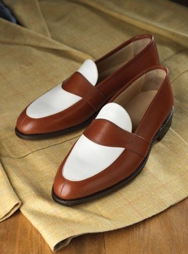 Men Handmade Brown White Leather Slip Ons Spectator shoes