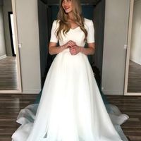 Elegant A-Line V Neck Short Sleeve Organza Wedding Dresses with Train - Thumbnail 1