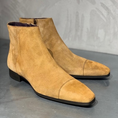 New handmade tan brown cap toe zip formal suede boot 