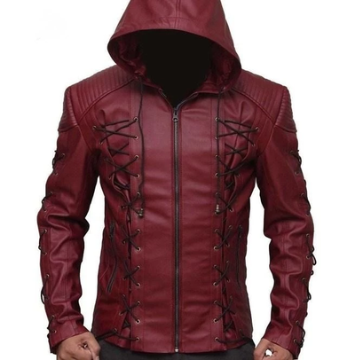 Hooded Arsenal Arrow Bolton Haynes Maroon Color Real Leather Jacket